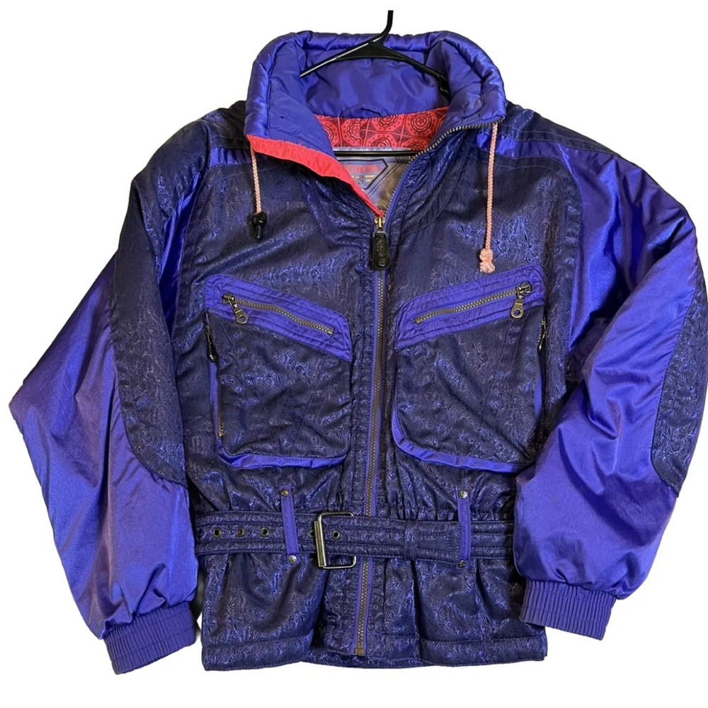 Vintage 80s 90s Kaelin purple pink shimmery Belted Ski Jacket Coat womens 10